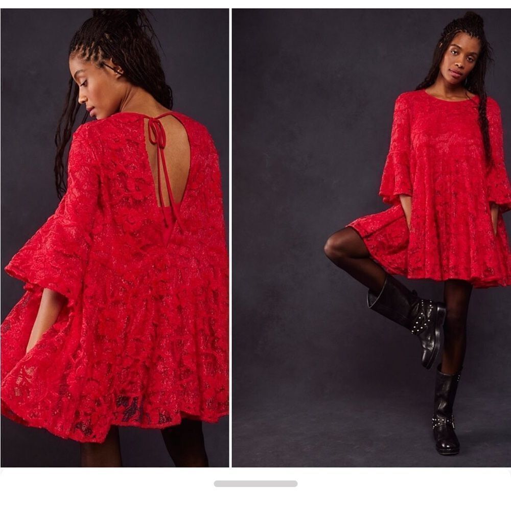 Free People Le Fleur Lace Mini Holiday Dress in Red size XS